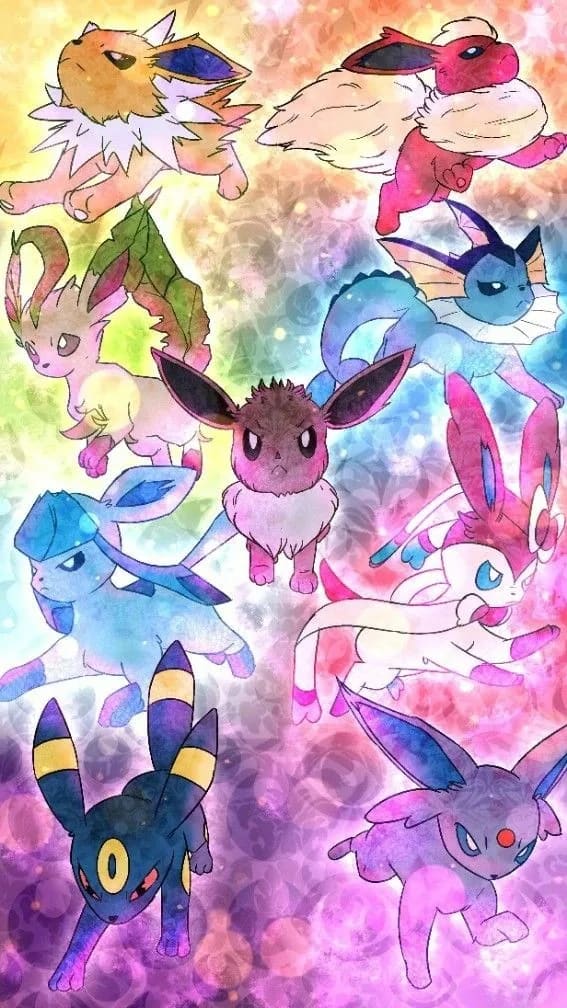 Peinture au Numéro — Les évolutions d'Évoli sur fond arc-en-ciel pastel (Pokémon)