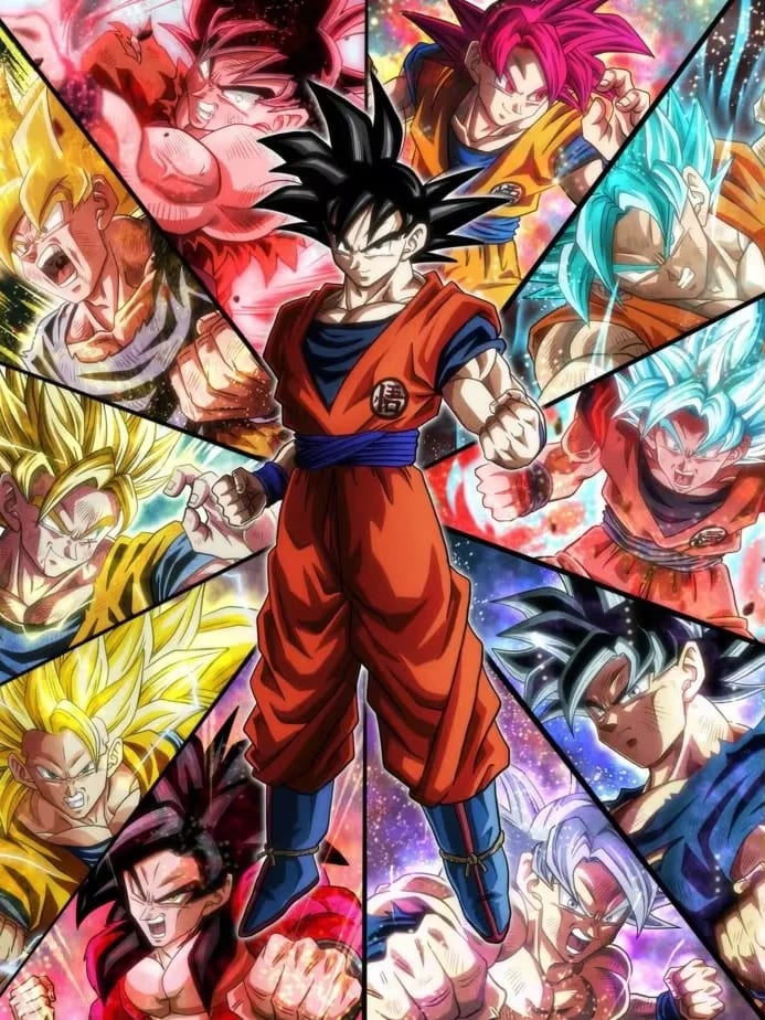 Peinture au Numéro — Goku entouré de ses formes en mosaïque (Dragon Ball)