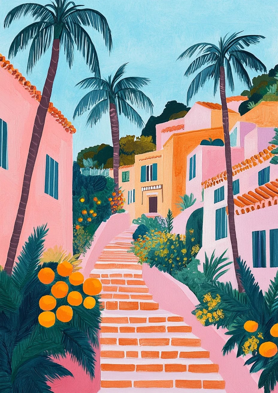 Peinture au Numéro — Ruelle méditerranéenne aux palmiers et orangers