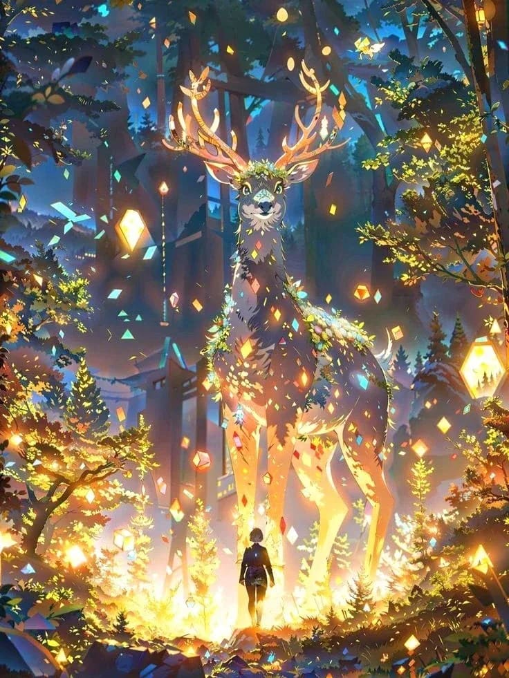 Peinture au Numéro — Cerf lumineux dans la forêt enchantée