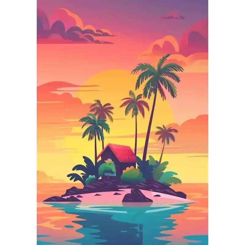 Peinture au numéro - île avec un couché de soleil