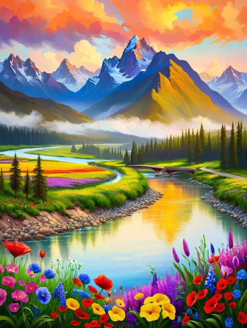 Peinture au numéro - Paysages - Montagnes et Fleurs