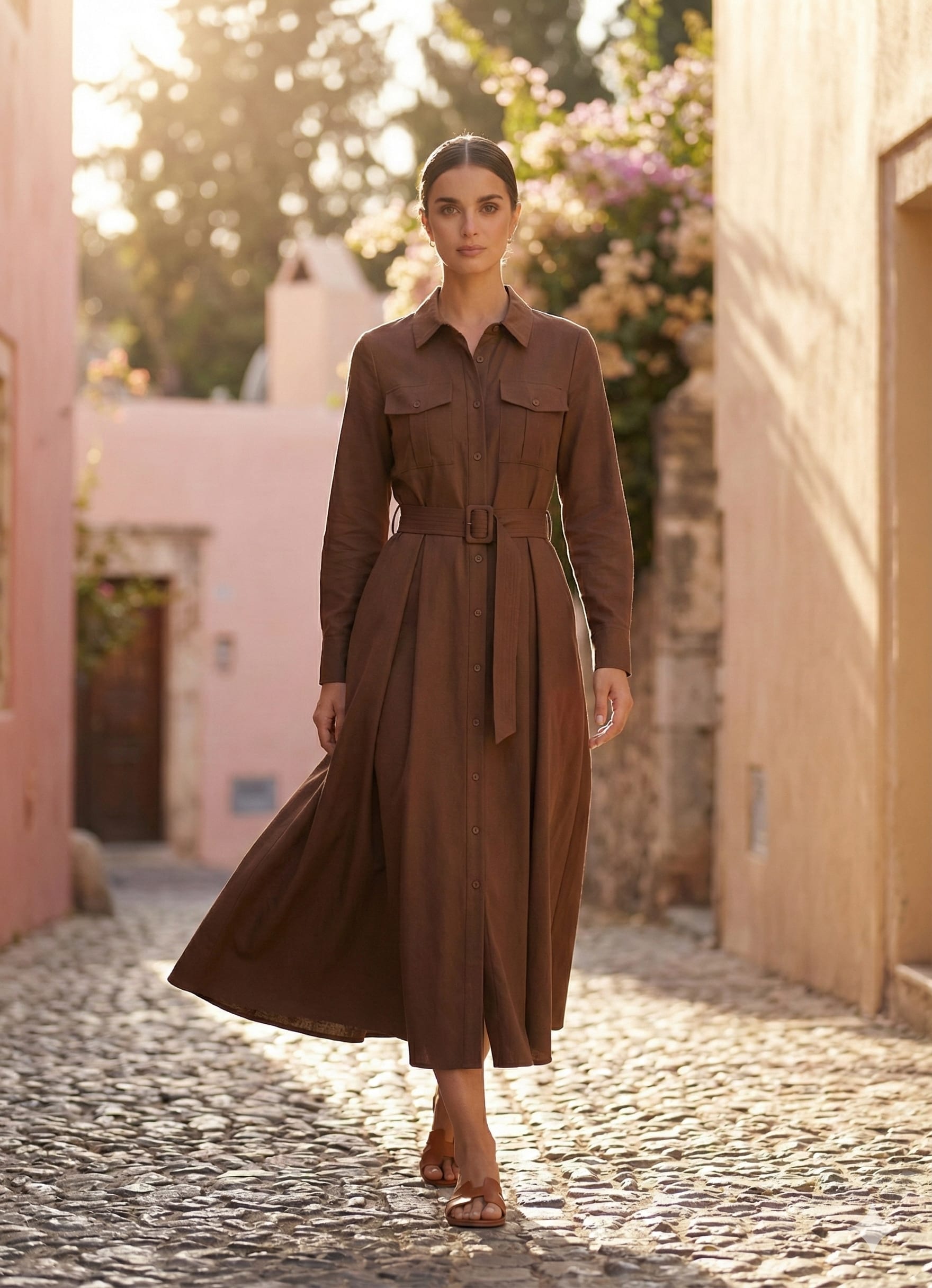 Robe Longue chemise marron Tsniout — vue 1