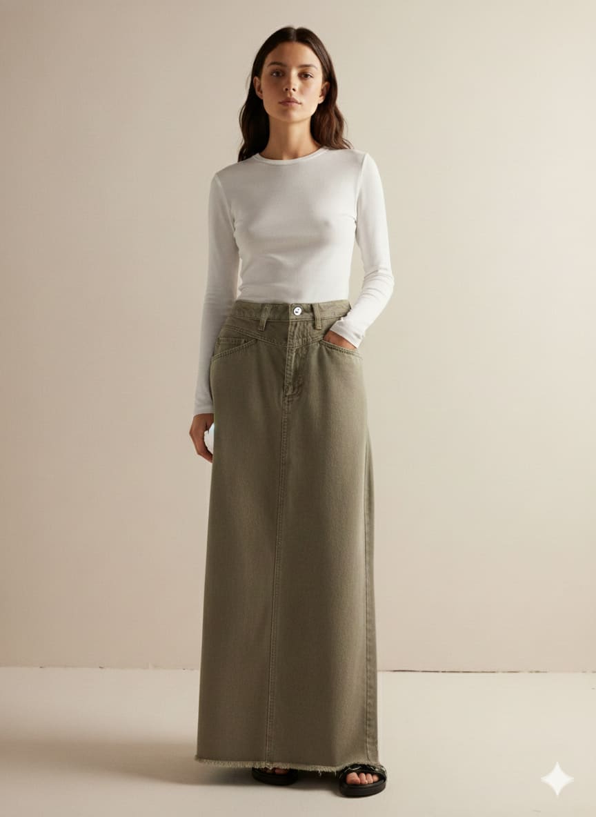 Jupe Longue en jean Vintage Kaki — vue 4