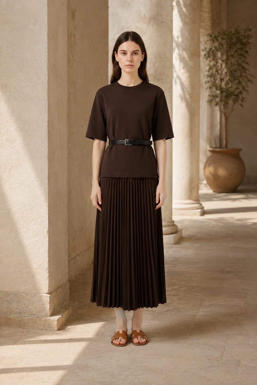 Robe Longue marron à jupe plissée Tsniout