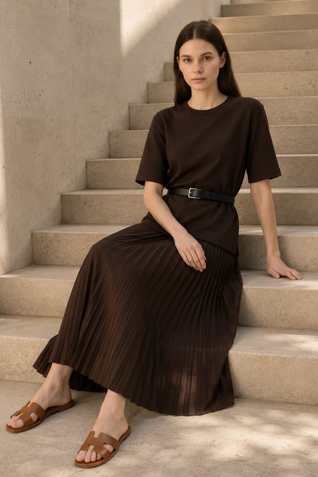 Robe Longue marron à jupe plissée Tsniout