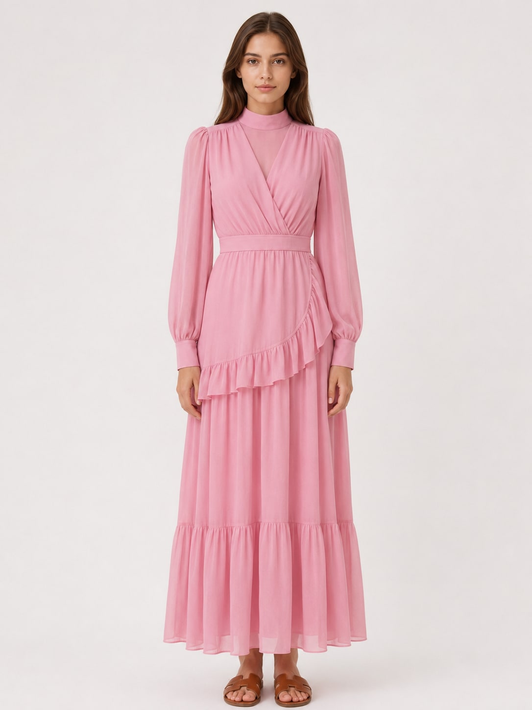 Robe Longue Rose à Volants Tsniout