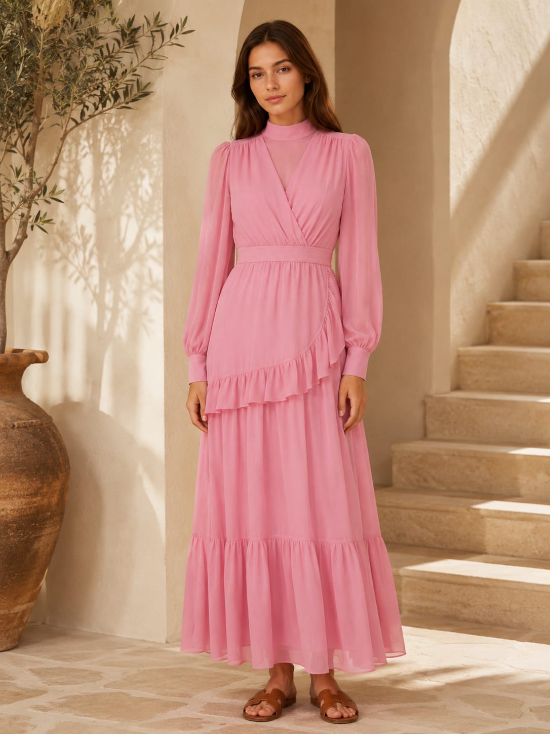 Robe Longue Rose à Volants Tsniout