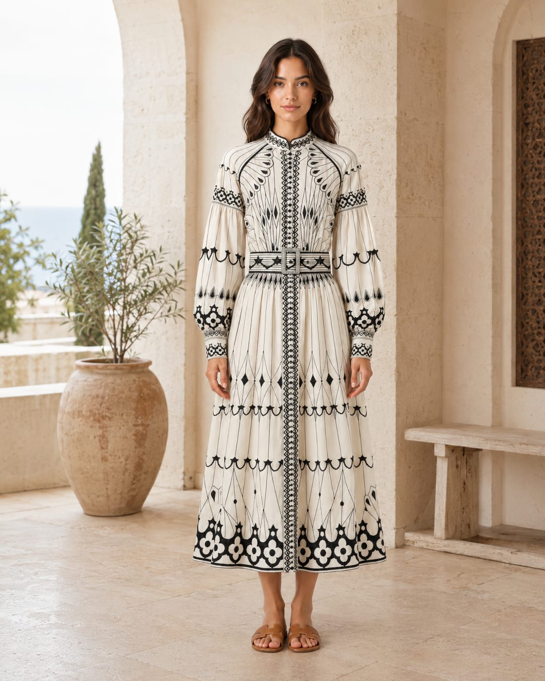 Robe Longue à Imprimés Noirs et Blancs Tsniout