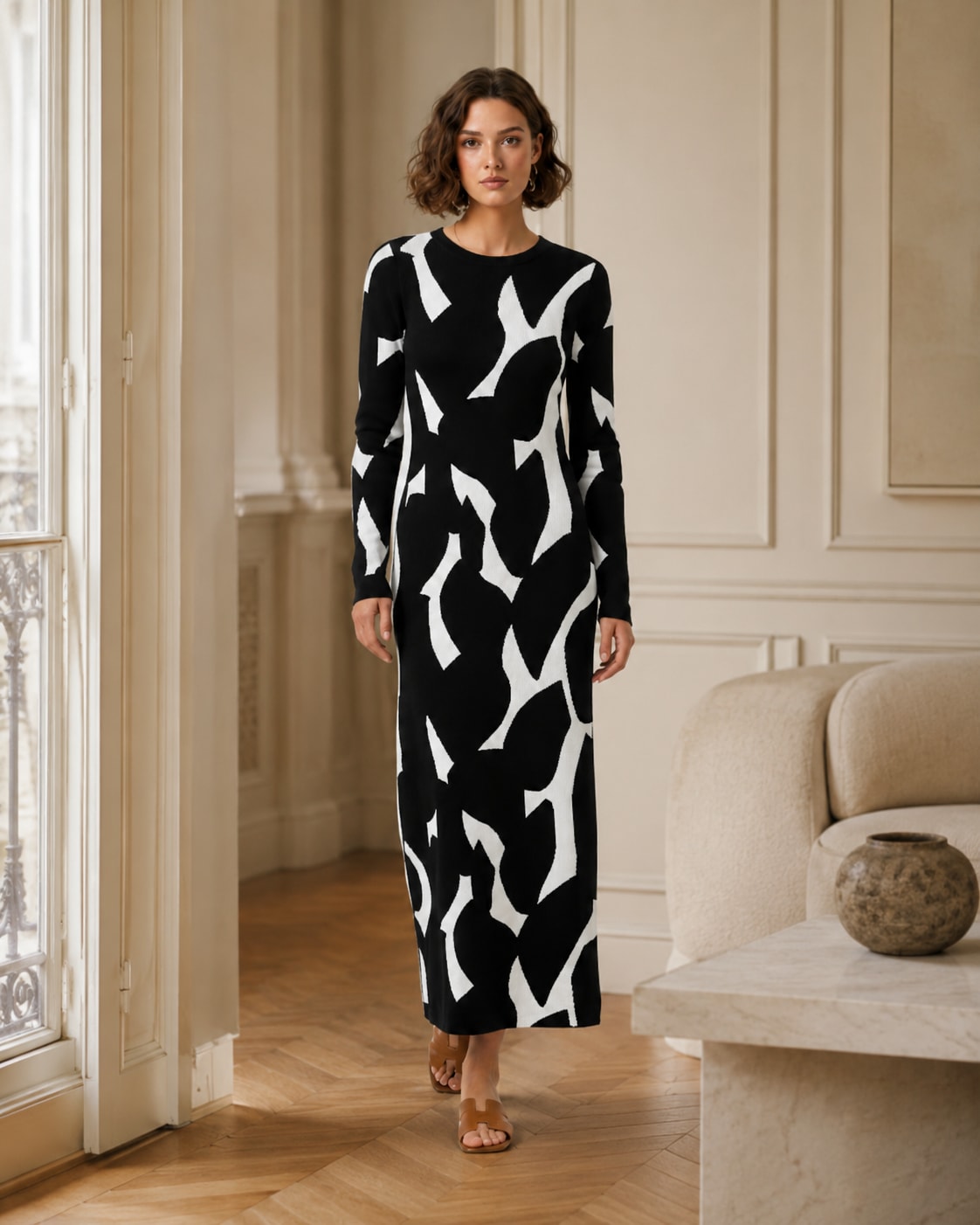 Robe Longue pull imprimé Noir & Blanc Tsniout