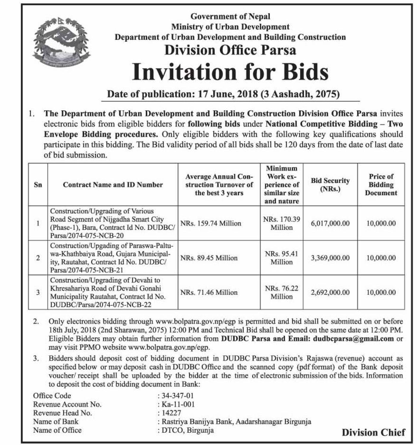 bids and tenders nepal notice invitation for bids road bid for construction
