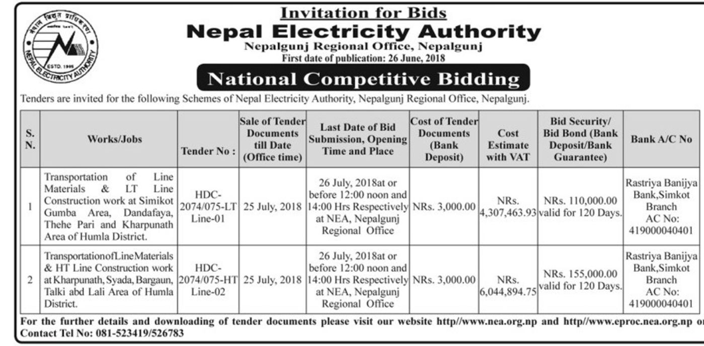 bids and tenders nepal transportation of line materials lt line