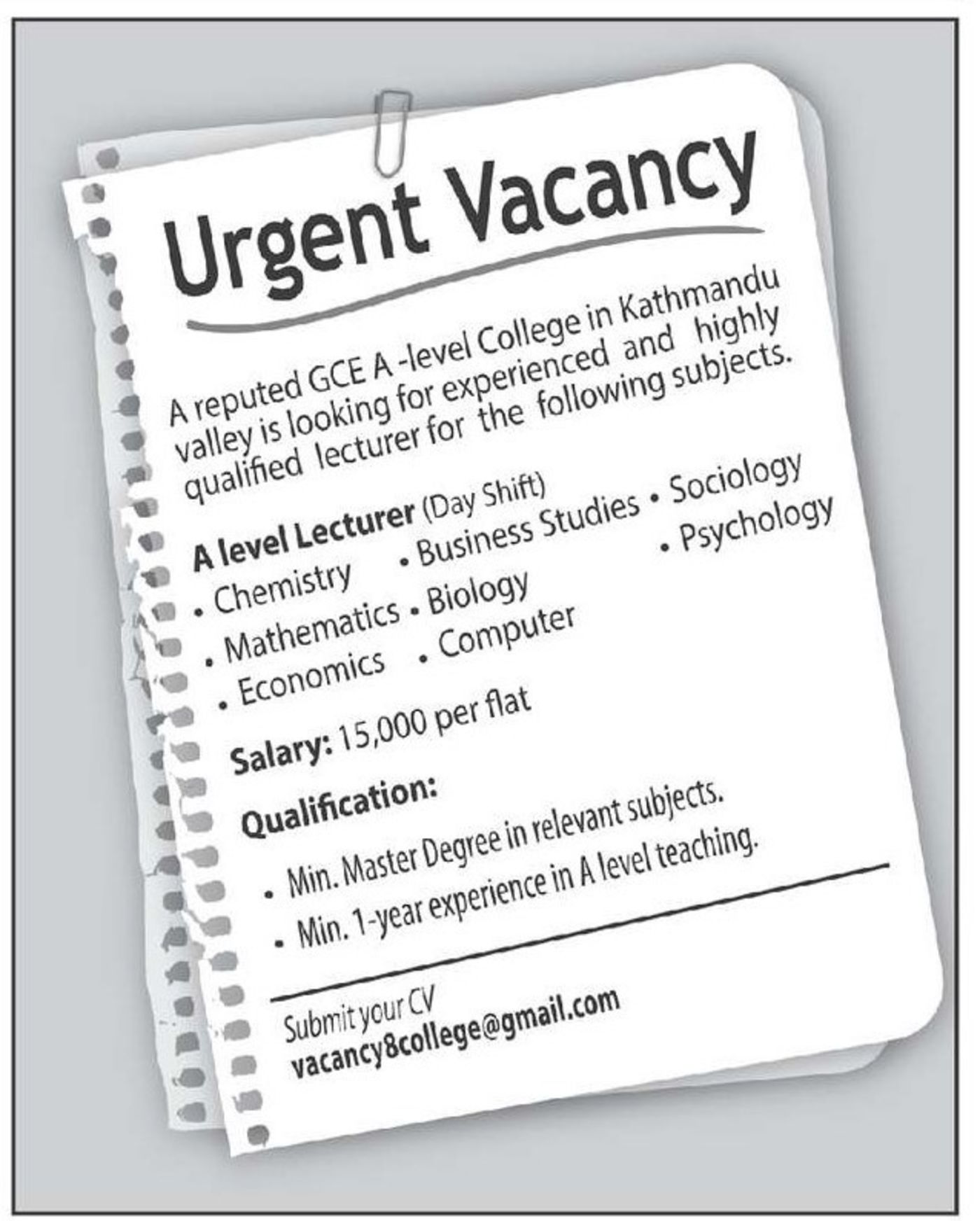 jobs nepal vacancy lecturer gce a level college in sociology and psychology jobs