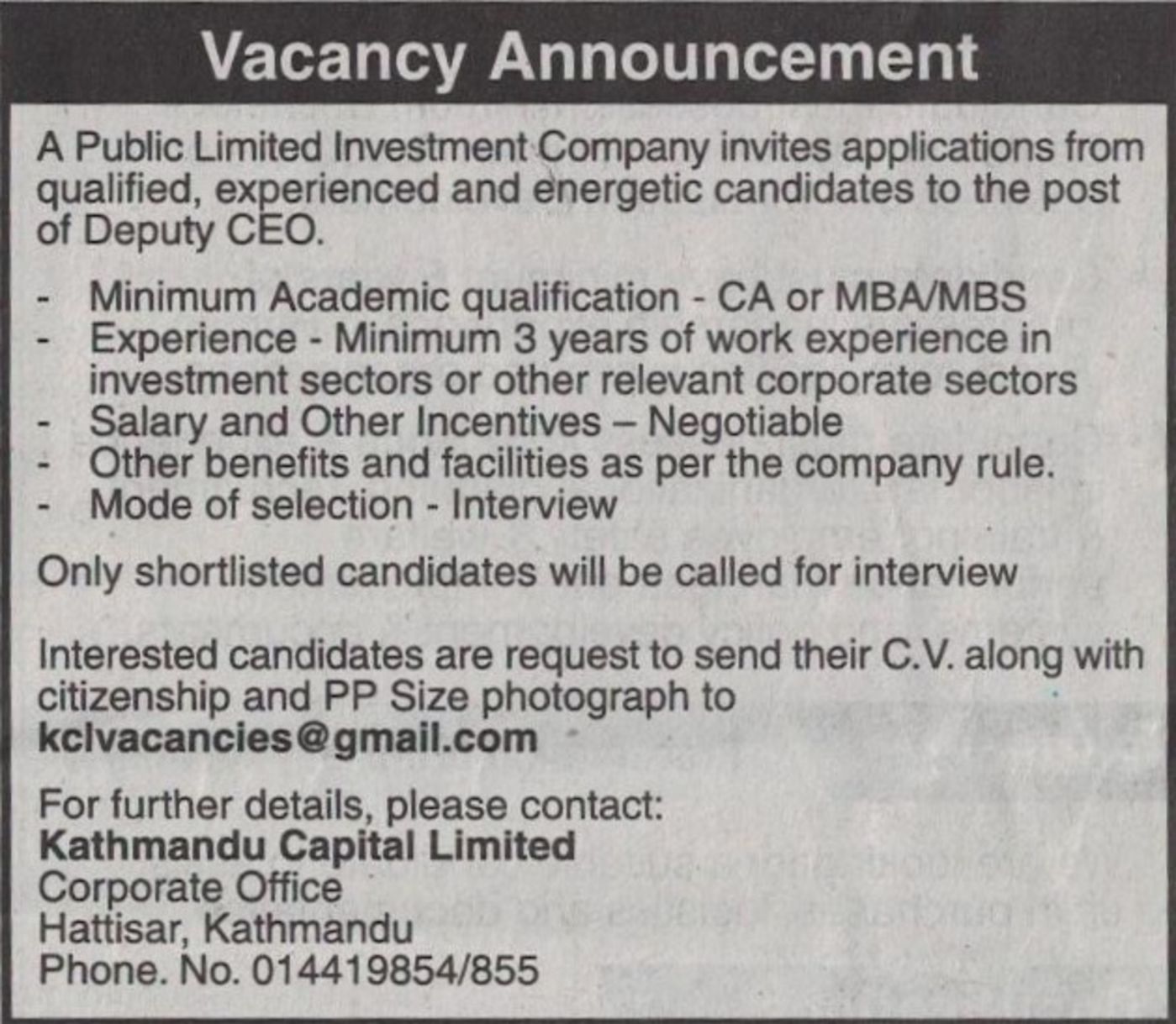 jobs nepal deputy ceo vacancy kathmandu capital limited deputy ceo job description