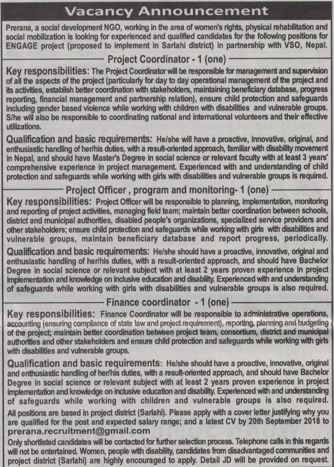 ngo vacancy project coordinator project officer program monitoring finance coordinator