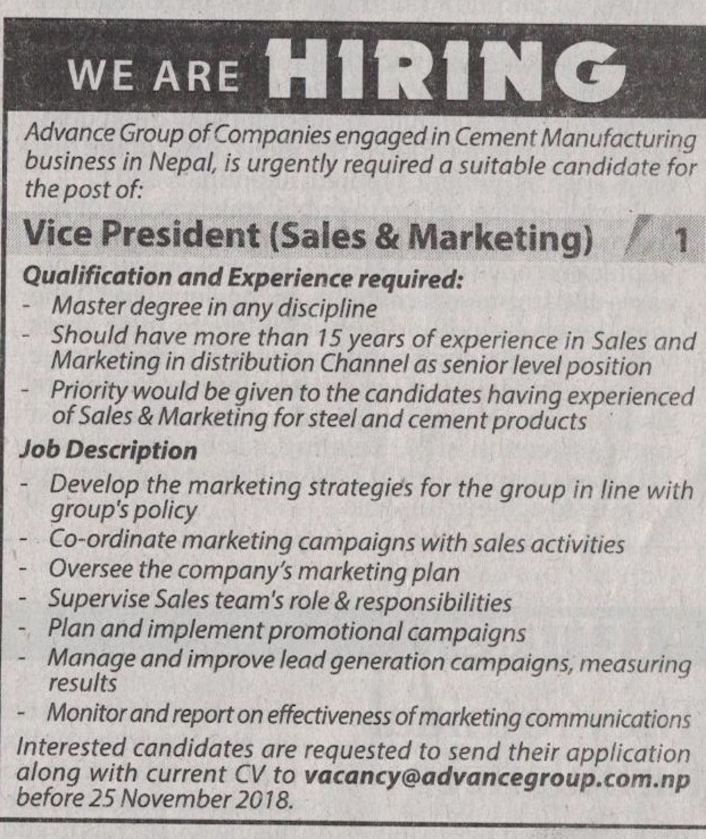 Vice President Of Sales And Marketing Job Description