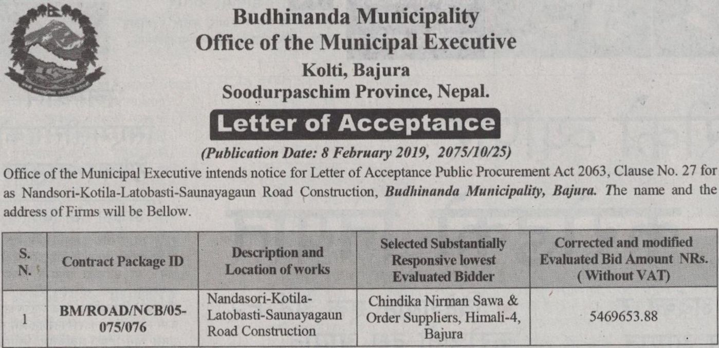 Bids And Tenders Nepal Letter Of Acceptance Road