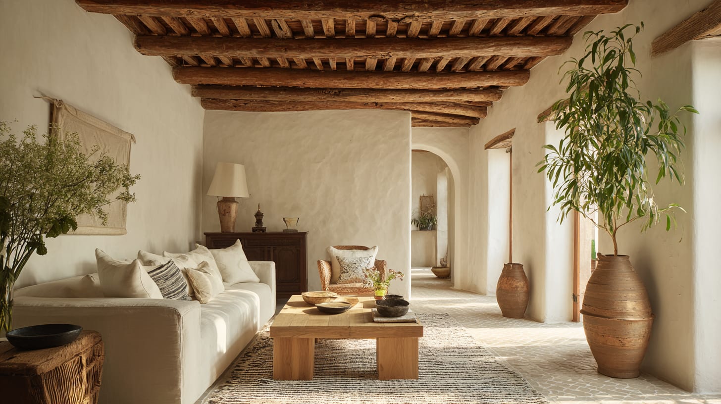 A bright, light-filled medina room with original carved cedar ceiling beams above a plain plastered wall, photorealistic editorial photography in the Architectural Digest register, soft even daylight from an unseen window, warm wood tones against pale walls, no people, no decorative tile, considered architectural composition, clean and luxurious not rustic, 16:9
