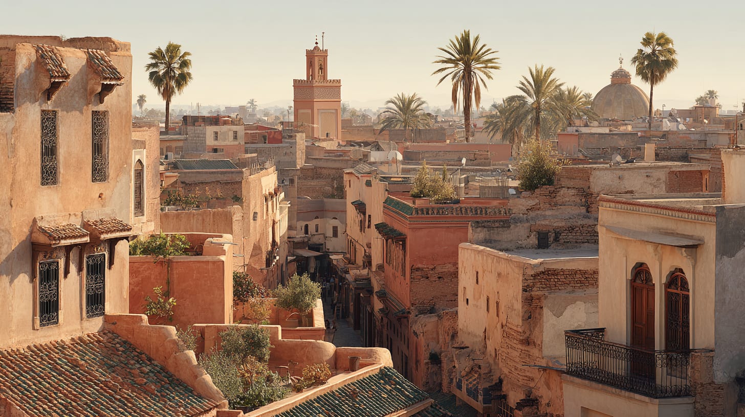 A view of the Marrakech medina rooftops showing a mix of preserved older buildings and partial reconstruction, soft natural daylight, no people, photorealistic editorial photography in the Architectural Digest register, premium publication aesthetic, clean and luxurious, 16:9