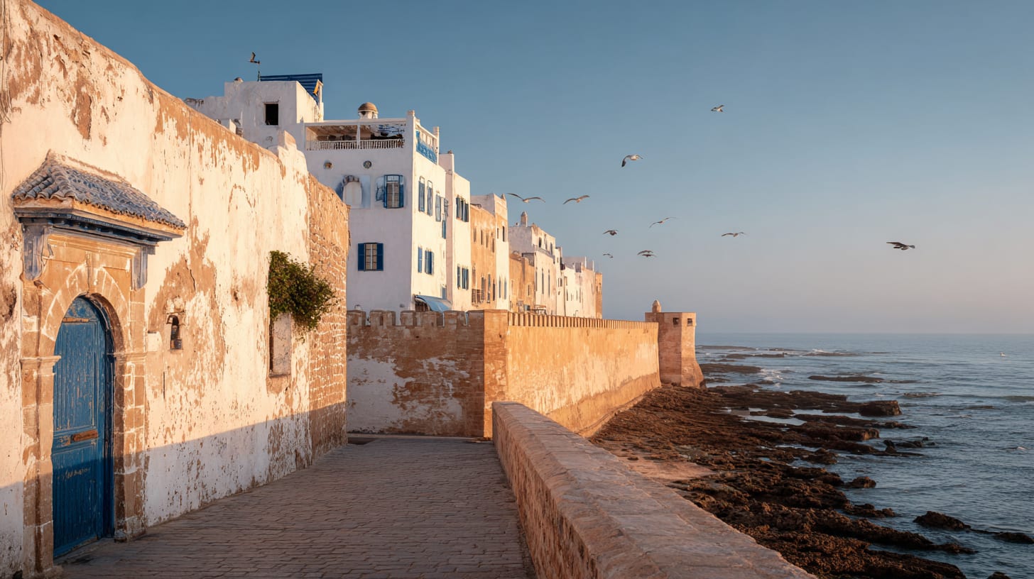 A wide view of the Essaouira medina seafront ramparts, white limestone walls with blue trim, soft Atlantic sky, the Atlantic visible beyond, no people, photorealistic editorial photography in the Architectural Digest register, premium publication aesthetic, clean and luxurious, soft natural daylight not golden hour, 16:9