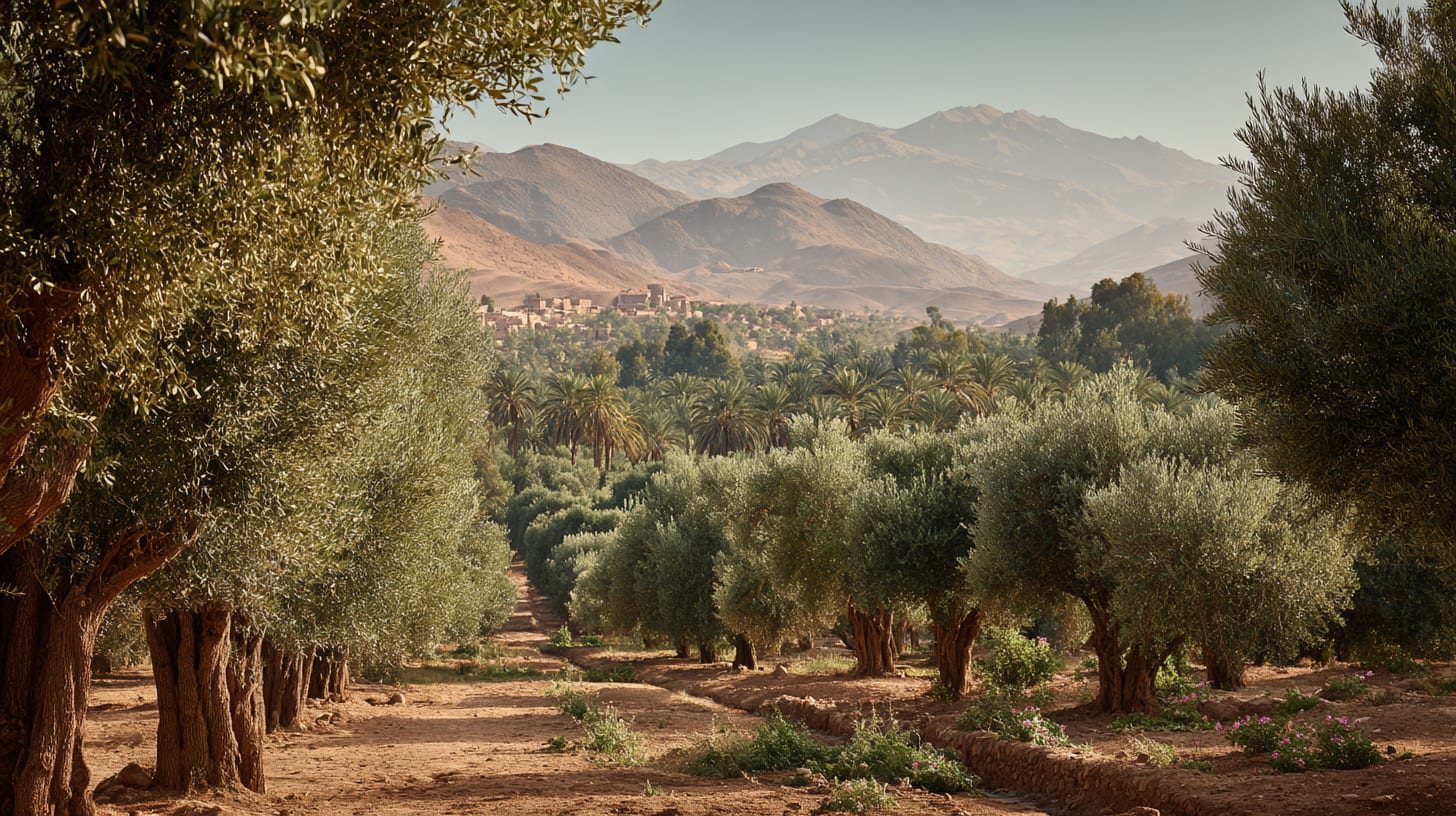 A wide view of olive groves in the Atlas foothills near Marrakech, low-angle natural daylight, soft warm earth tones, distant Atlas peaks visible, no people, photorealistic editorial photography in the Architectural Digest register, premium publication aesthetic, clean and luxurious, 16:9