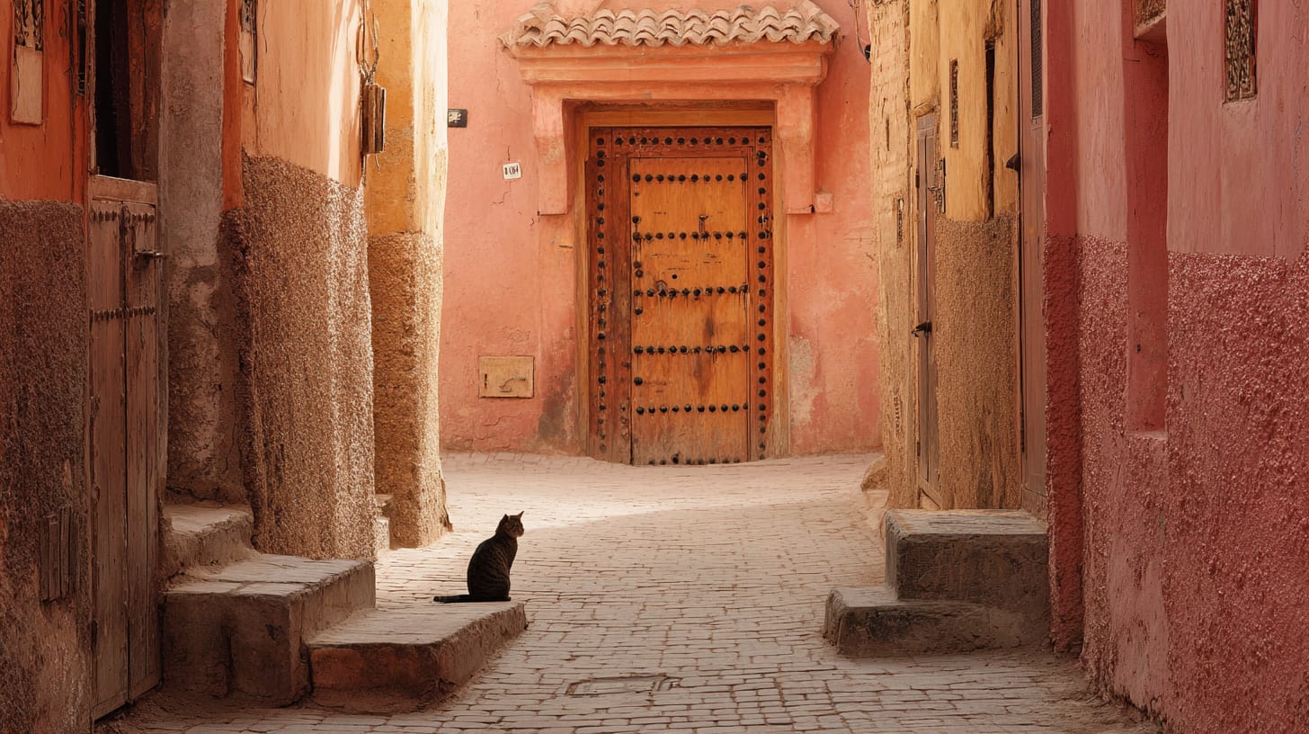 A quiet medina lane in Marrakech in early morning light, soft pale daylight, ochre and pink walls, a single cat seated on a stone step, an old wooden door with iron studs in the middle distance, no people, photorealistic editorial photography in the Architectural Digest register, premium publication aesthetic, considered composition, no signage or modern intrusion, 16:9