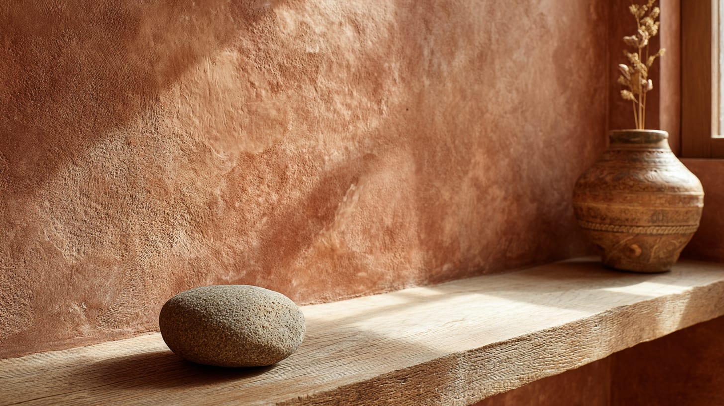 A close detail of a freshly burnished tadelakt wall surface in soft natural daylight, warm terracotta and sand tones, a small smooth river-stone resting on a low wooden ledge in the foreground, no people, photorealistic editorial photography in the Architectural Digest register, premium publication aesthetic, intimate architectural composition, 16:9