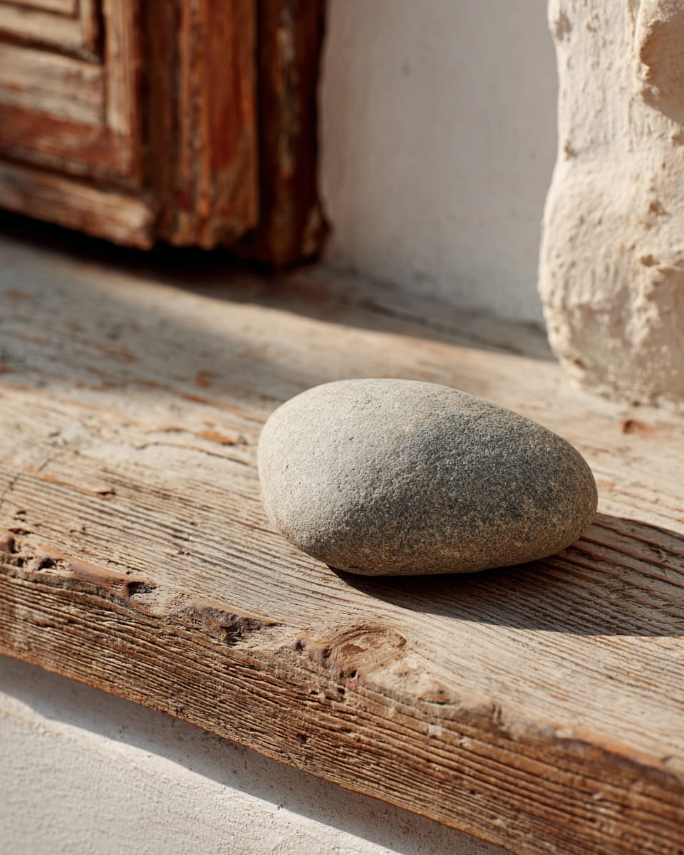 A close detail of a smooth flat river-stone on a worn wooden ledge in soft natural daylight, warm muted palette, no other detail visible, photorealistic editorial photography in the Architectural Digest register, premium publication aesthetic, intimate composition, 4:5