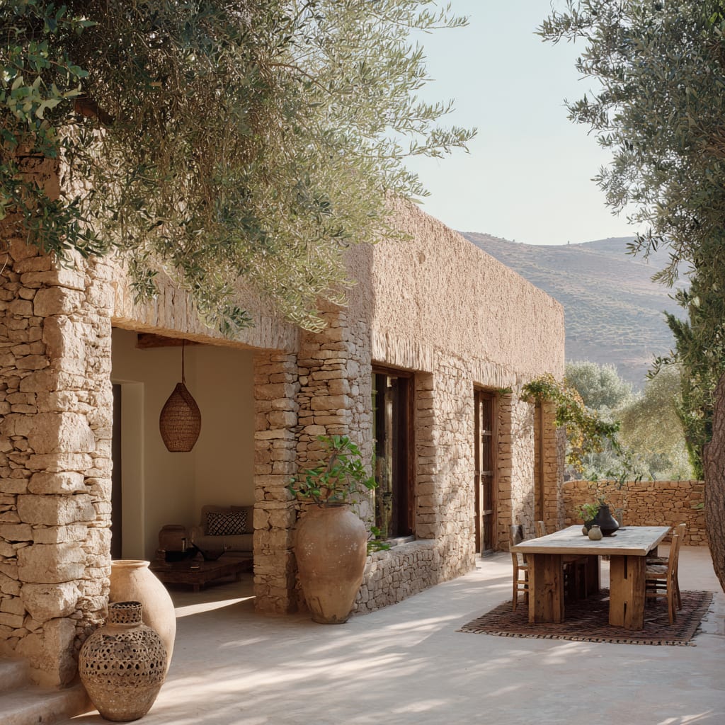 A modest stone-and-pisé farmhouse in the Atlas foothills, surrounded by olive trees, soft natural daylight, no people, photorealistic editorial photography in the Architectural Digest register, premium publication aesthetic, clean and luxurious not gritty, 4:5
