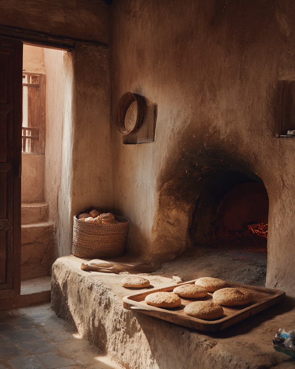 A communal bread oven in a Marrakech medina kitchen, the warm interior glowing with embers, a wooden tray of round flatbreads visible, photorealistic editorial photography, soft natural light from a small window, no people in frame, premium publication aesthetic, warm earth and amber tones, intimate architectural composition, 4:5