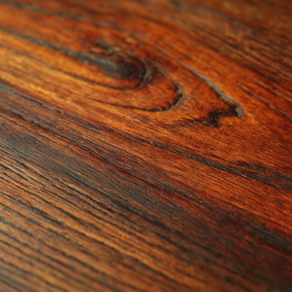 A close detail of dark warm cedar wood grain, polished by age, photorealistic editorial photography, soft natural light from above, warm honey and amber tones, no painted decoration visible in this frame, intimate and luxurious, premium publication aesthetic, 4:5