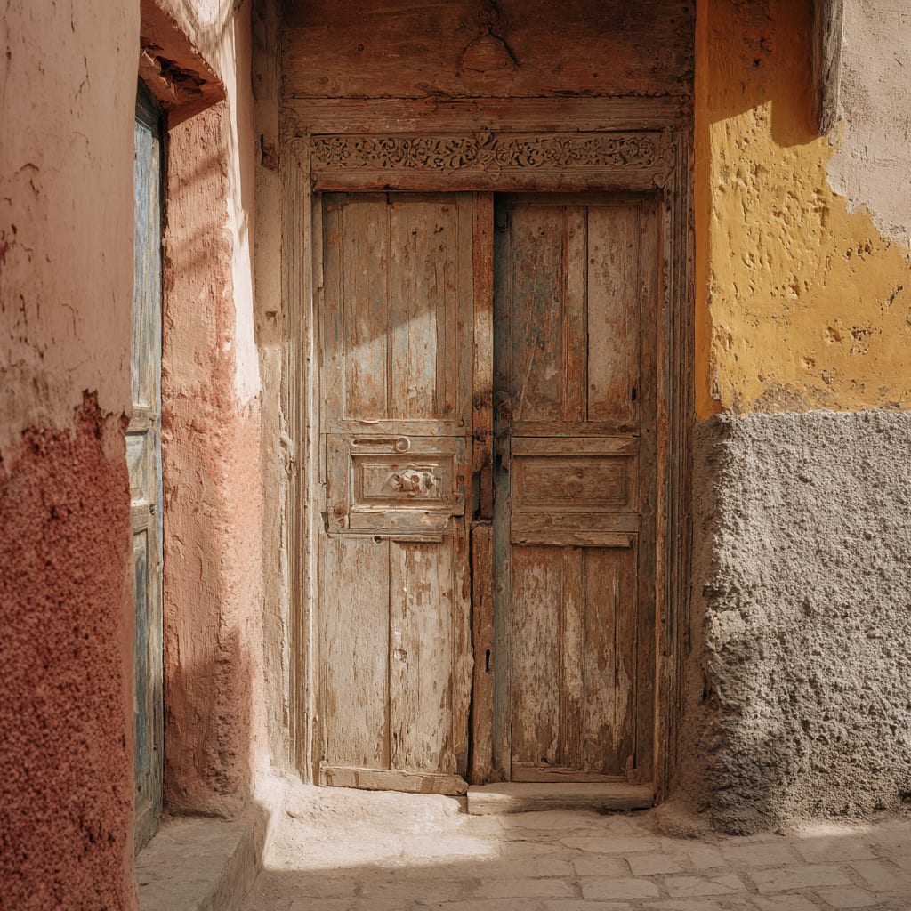 A close detail of a slowly deteriorating but still beautiful old wooden door in a quiet medina lane, soft daylight, ochre walls, no people, photorealistic editorial photography, premium publication aesthetic, intimate architectural composition, 4:5