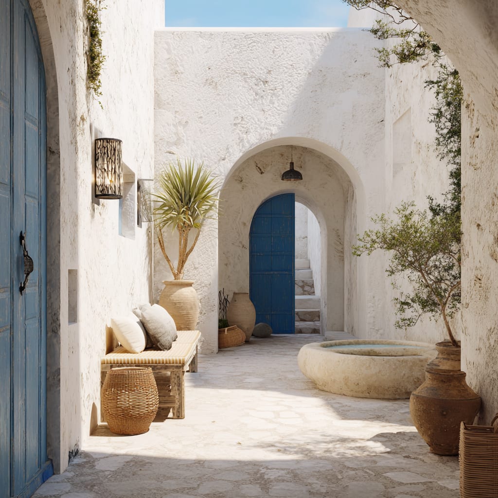 A bright sunlit interior courtyard of an Essaouira riad, white limestone walls, blue door visible, a small fountain or low stone bench, no people, photorealistic editorial photography in the Architectural Digest register, soft Atlantic daylight, premium publication aesthetic, clean and luxurious, 4:5