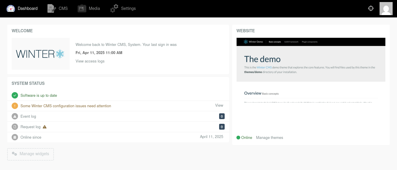 Winter CMS - Dashboard