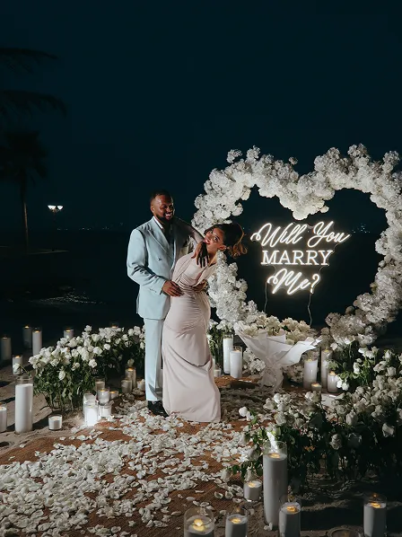 Romantic seaside couple shoot during golden hour in Dubai by Candid With Jay
