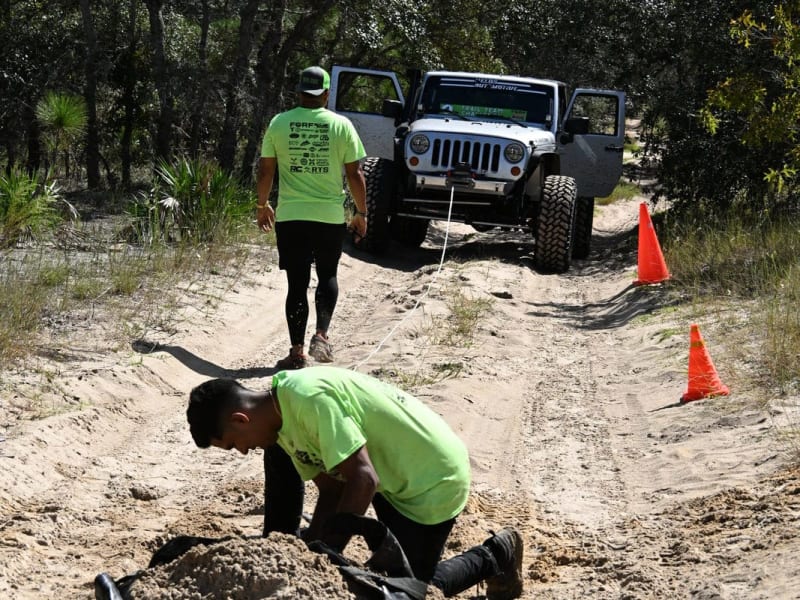 Team navigating dense Florida terrain