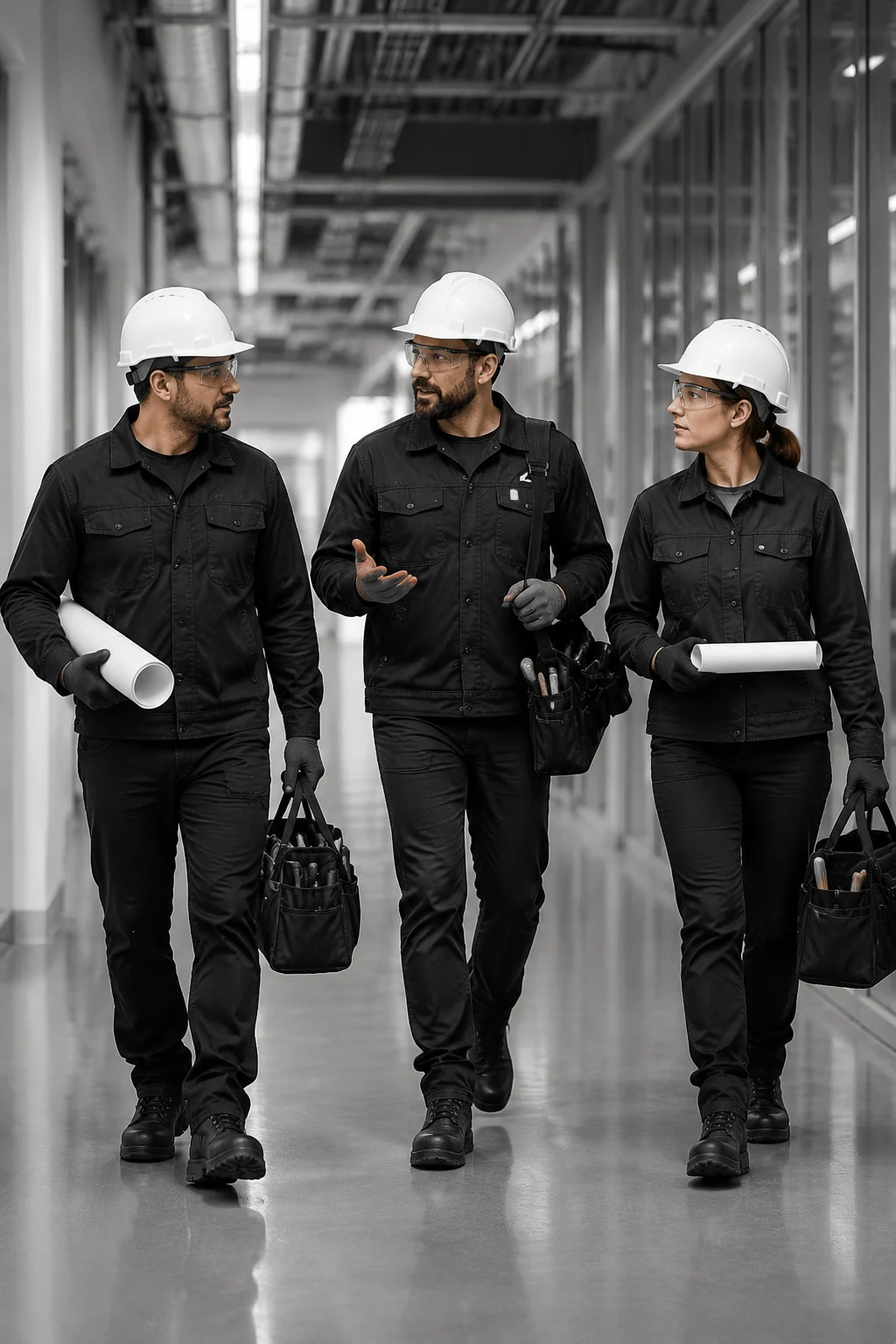 Commercial electrical team walking through an Indianapolis facility together