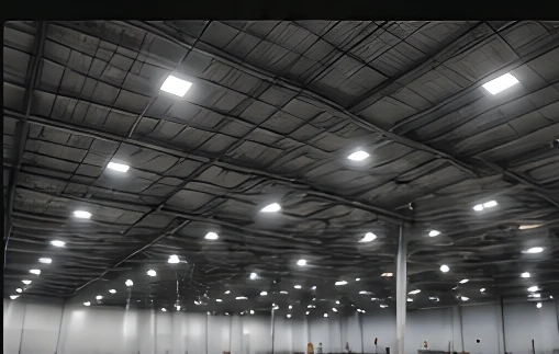 New LED lighting across a commercial warehouse ceiling