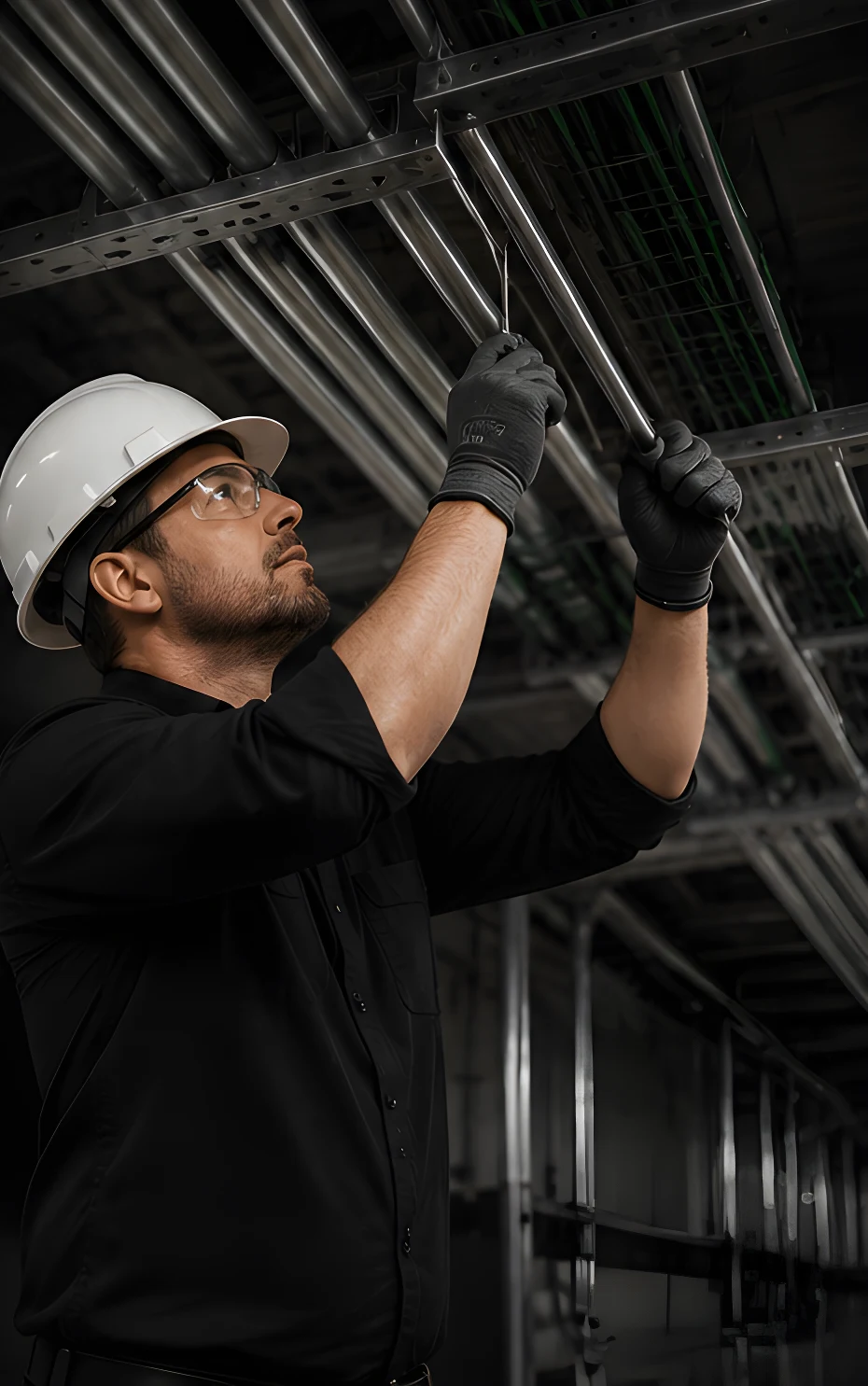 Electrician installing conduit overhead at a commercial facility