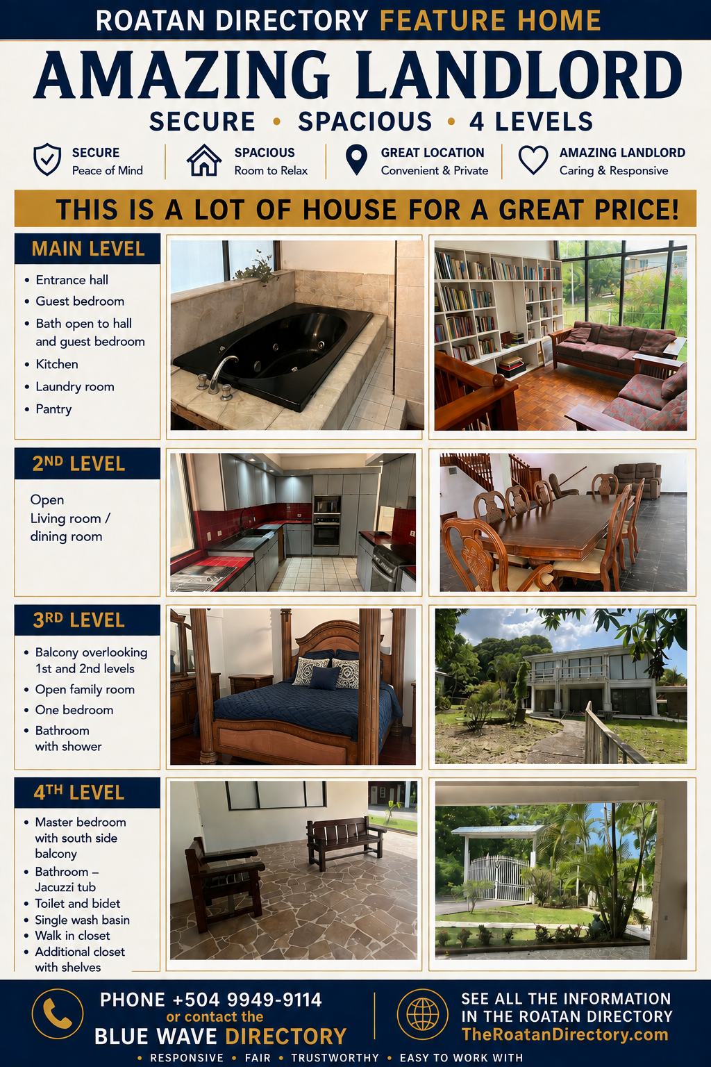 Roatan Directory Feature Home brochure showing a secure spacious four-level house with rooms across main, second, third, and fourth levels