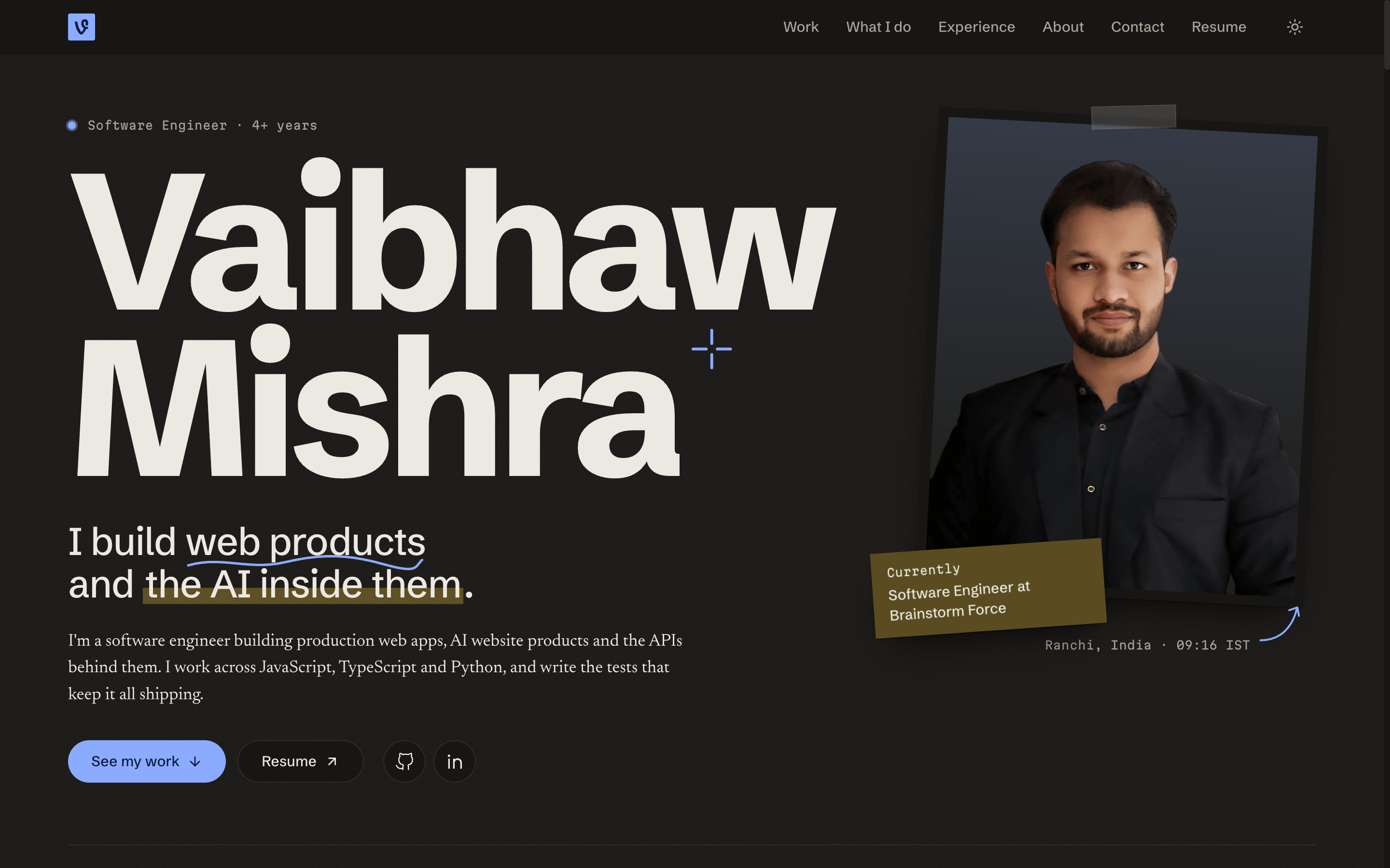 The home page in dark mode