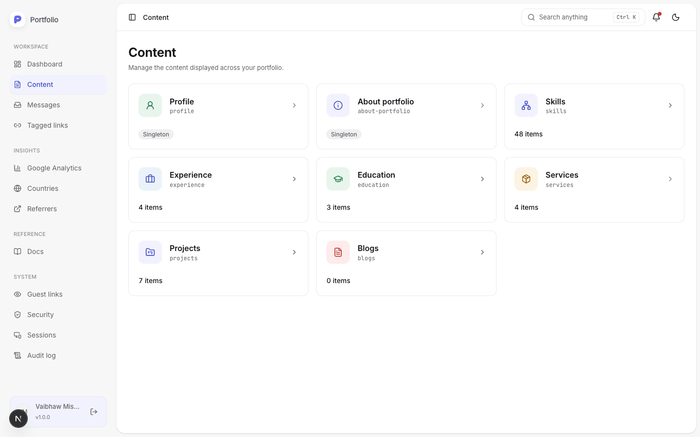 Content: every collection the site reads, edited in place