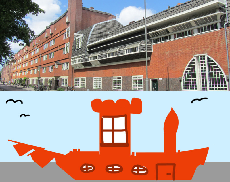 In the upper half of the image: A photo of Het Schip. In the lower half: A really bad drawing in photoshop by me of an actual ship with a tower on it, windows, and a door. A five year old would've done a better job.