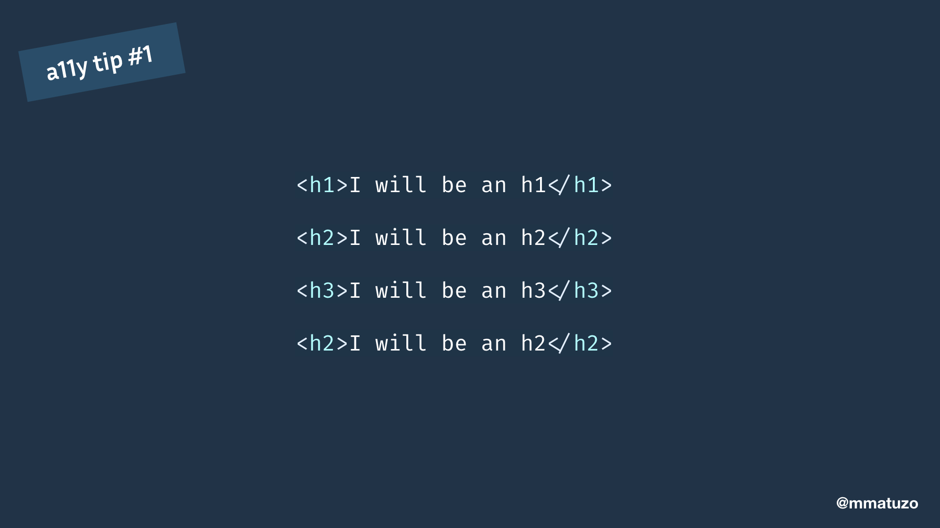 <h1>I will be an h1</h1><h2>I will be an h2</h2><h3>I will be an h3</h3><h2>I will be an h2</h2>