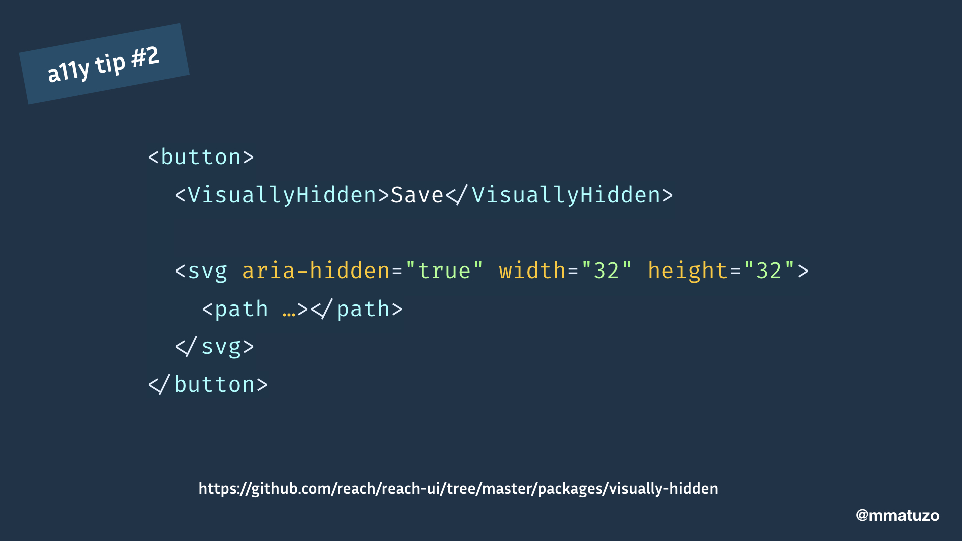 <button><VisuallyHidden>Save</VisuallyHidden><svg aria-hidden width="32" height="32"><path …></path></svg></button>