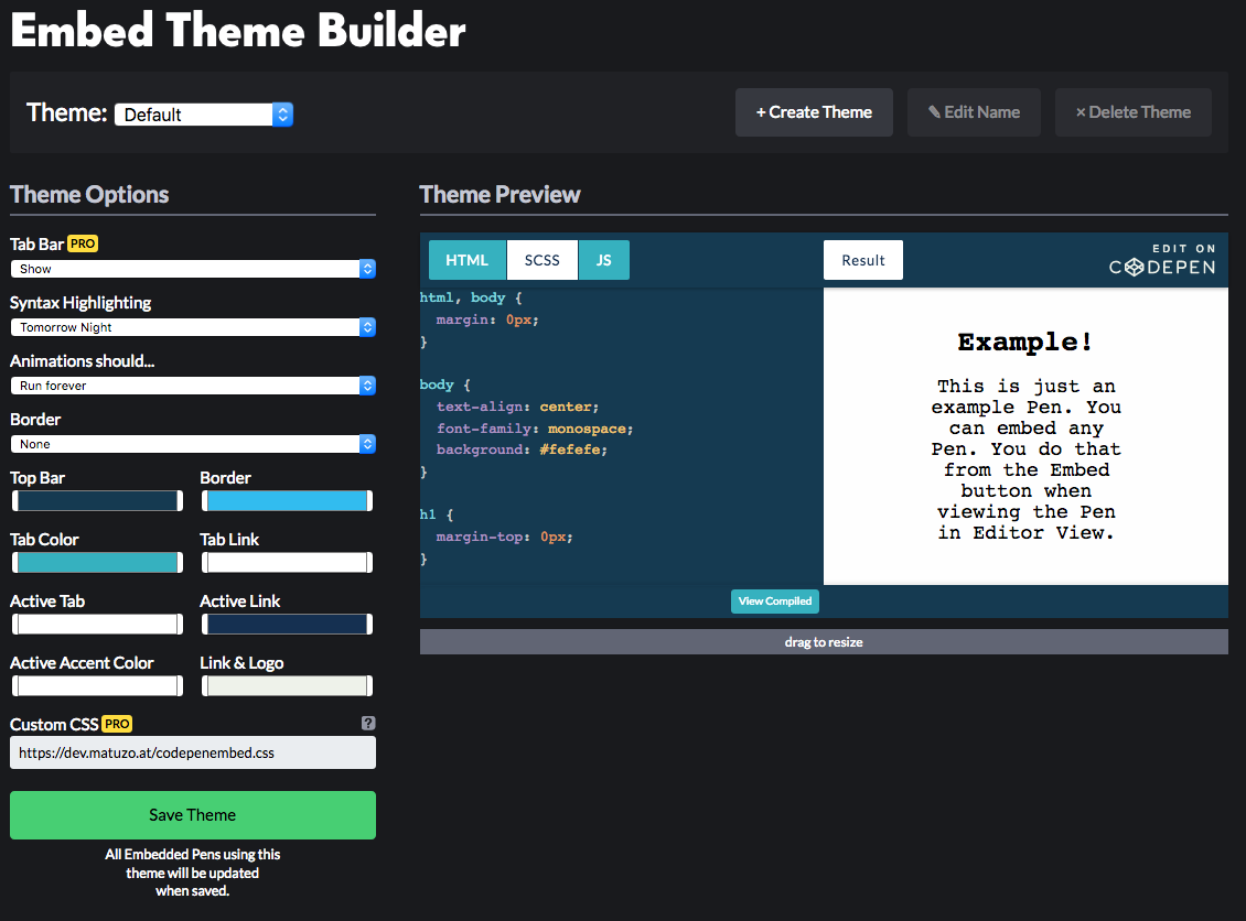 The Embed Theme Builder with several options to change the look and feel of embedded Pens.