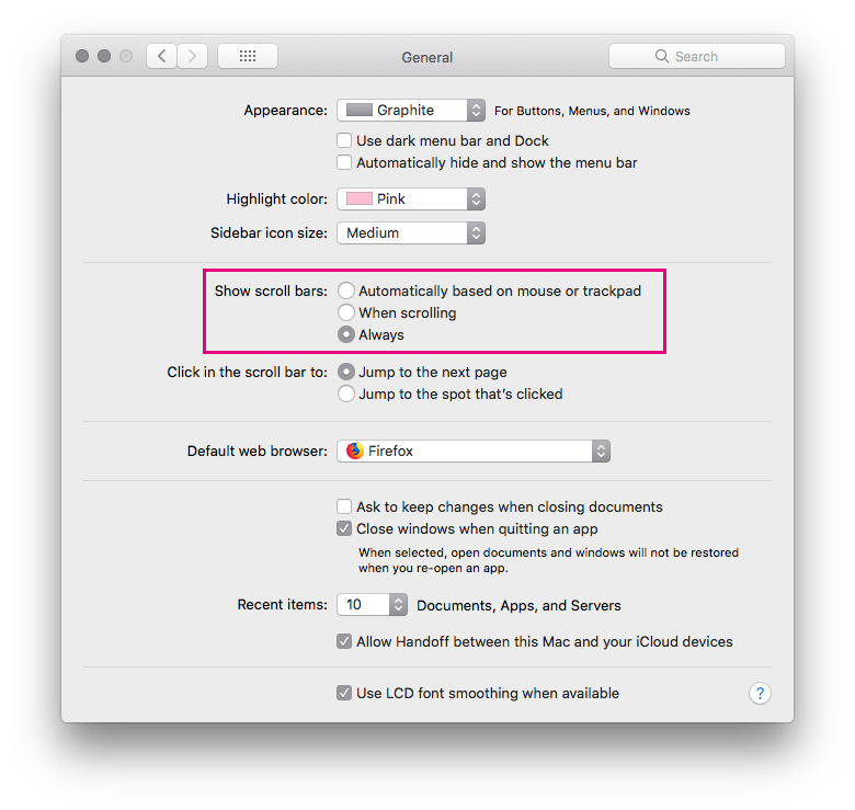 General settings screen in macOS with "scow scroll bars" set to "always"