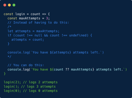 The nullish coalescing operator (??) only returns its right-hand side operand when its left-hand side operand is null or undefined.