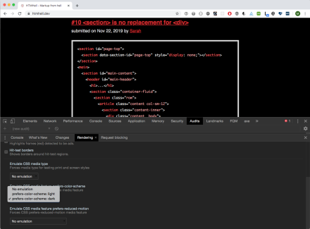 You can emulate dark mode and reduced motion in Chrome Dev Tools.