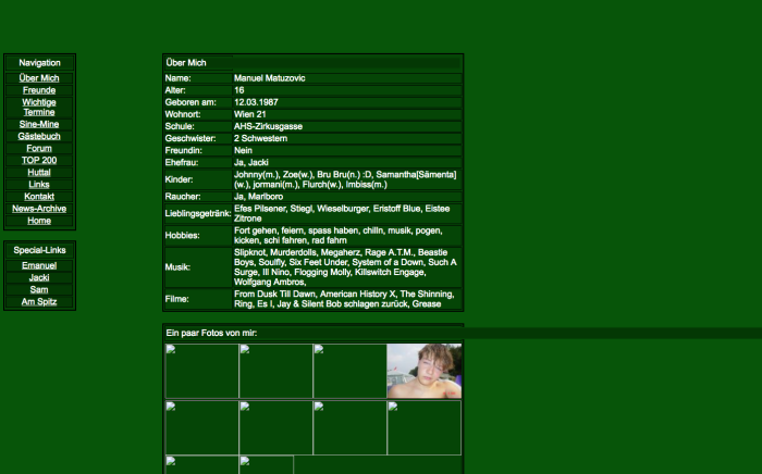 My first personal website. A all-green table-based layout.